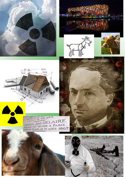 collage of a nuclear cloud, Beijing Olympic building, drawing of a house, a portrait of Baudelaire, Baudelaire's grave, cows and goats, and a person in white coveralls and a gas mask