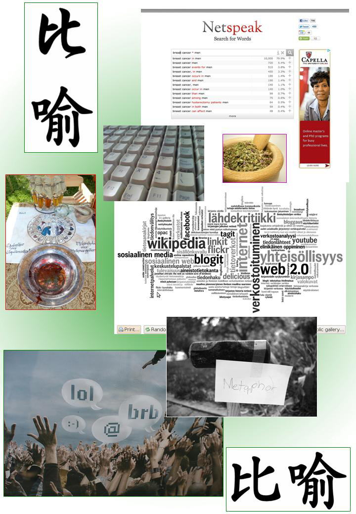 collage of Chinese writing, a computer keyboard, an online search engine, herbs in a mortar, medieval medical hardware, a word cloud of German search terms, a crowd with hands in the air and 'lol' in cartoon bubbles above them, and a hammer with the word 'metaphor' taped to it
